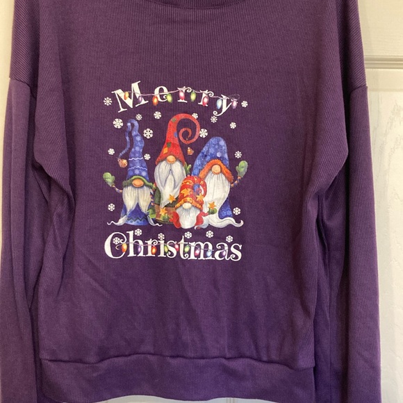 Gnome Merry Christmas Long Sleeve Top Purple White Holiday Trio Festive Ribbed - Picture 2 of 3